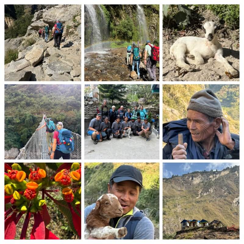 Collage mit Impressionen von Etappe 1 bei Jagat Collage auf dem Manaslu Trekking Nepal 2025